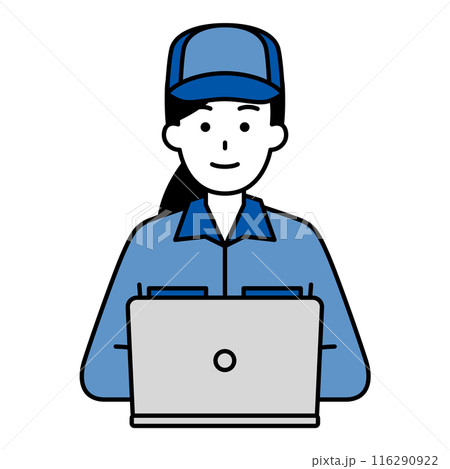 正面を向くノートパソコンで仕事をしているつなぎ作業服の女性 116290922