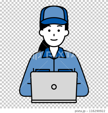 正面を向くノートパソコンで仕事をしているつなぎ作業服の女性 116290922