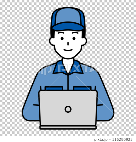 一名身穿工作服的男子麵朝前方在筆記型電腦上工作 一名身穿工作服的男子麵朝前方在筆記型電腦上工作 116290923