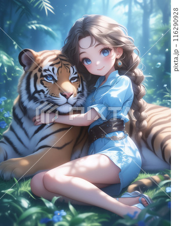 ジャングルで虎を抱きしめる女性、縦長 /AI生成のイラスト素材