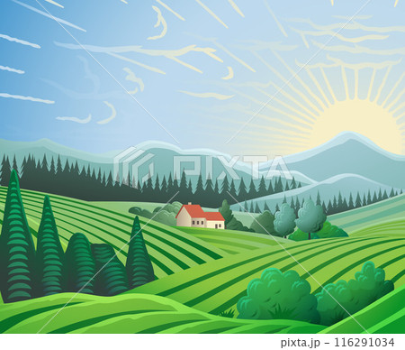Fields Hills Farm House Landscape Background 116291034