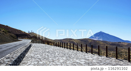 Mountainous terrain overlooking Teide volcano and observatory Mountainous terrain overlooking Teide volcano and observatory 116291102