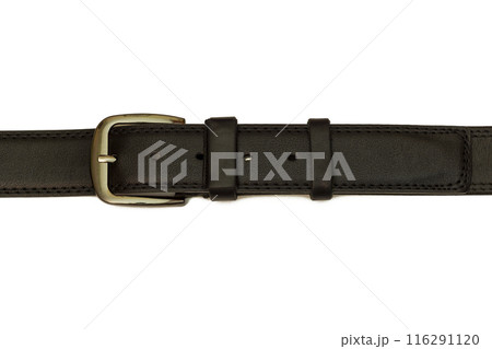Black leather belt lies on a white background 116291120