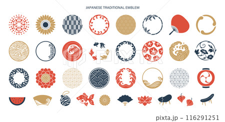 日本の夏のシンボルとアイコンとフレームセット 116291251