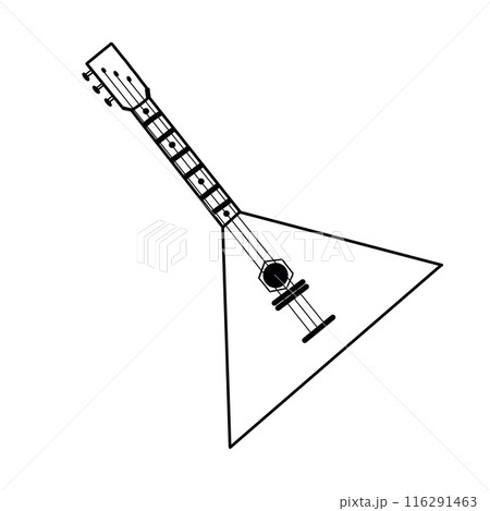 Russian folk instrument, balalaika. Musical instrument, balalaika, hand-drawn in vector in black on a white background. Suitable for printing on fabric, paper, posters, invitations. 116291463