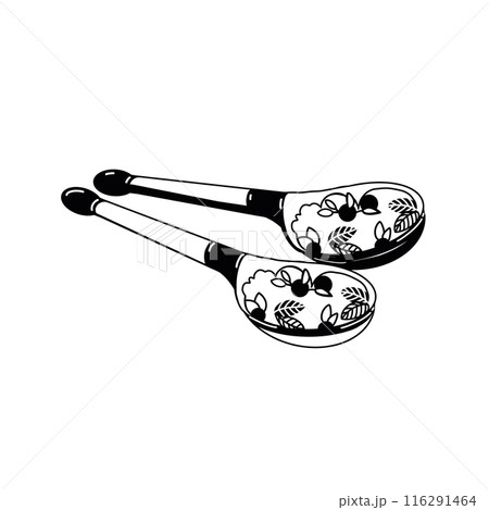Wooden spoons with a pattern. Folk musical instrument, wooden spoons. All objects are drawn in vector. Suitable for printing on posters, invitations, cards, and for design. Wooden spoons with a pattern. Folk musical instrument, wooden spoons. All objects are drawn in vector. Suitable for printing on posters, invitations, cards, and for design. 116291464