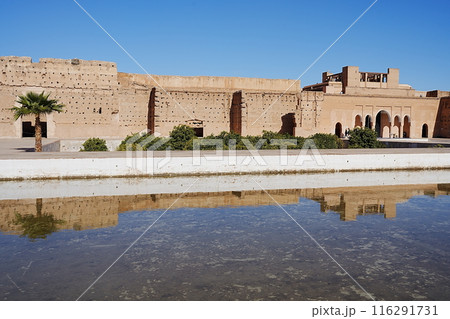 Marvelous El Badi palace reflected in water in Marrakech city in Morocco 116291731