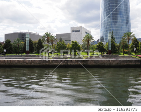 Nervion river and modern tower in European Bilbao city in Spain 116291775