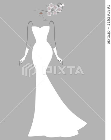 A girl in a long white dress and a hat with flowers on a gray background. 116291891