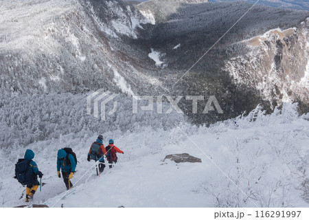 長野県茅野市の厳冬期の東天狗岳の渋ノ湯ルート(東天狗~中山峠)の登山者と雪景色 長野県茅野市の厳冬期の東天狗岳の渋ノ湯ルート(東天狗~中山峠)の登山者と雪景色 116291997