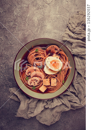 Asian soba soup, with mushrooms and egg, cheese, sesame seeds, homemade, no people, Asian soba soup, with mushrooms and egg, cheese, sesame seeds, homemade, no people, 116292037
