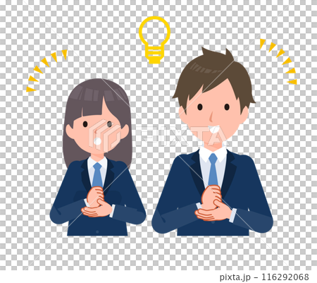 紺色のブレザーを着た学生男女。アイデアを思いつくジェスチャー。 紺色のブレザーを着た学生男女。アイデアを思いつくジェスチャー。 116292068