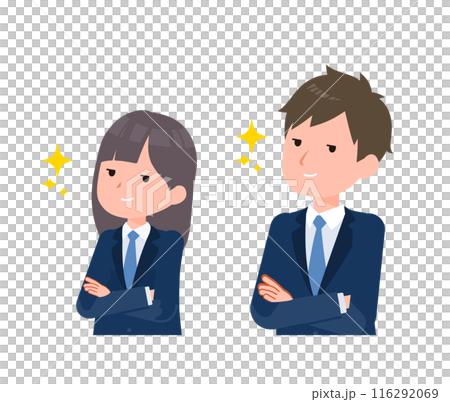 紺色のブレザーを着た学生男女。自信満々なドヤ顔。 116292069