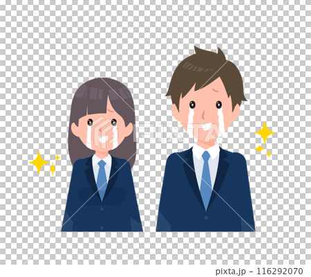 紺色のブレザーを着た学生男女。感動して嬉し泣き。 紺色のブレザーを着た学生男女。感動して嬉し泣き。 116292070
