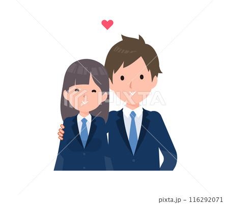 紺色のブレザーを着た学生男女。肩を抱いて交際している二人 。 116292071