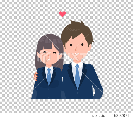 紺色のブレザーを着た学生男女。肩を抱いて交際している二人 。 116292071