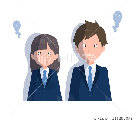 紺色のブレザーを着た学生男女。絶望、ショックを受けた表情。 116292072