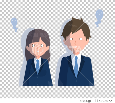紺色のブレザーを着た学生男女。絶望、ショックを受けた表情。 116292072