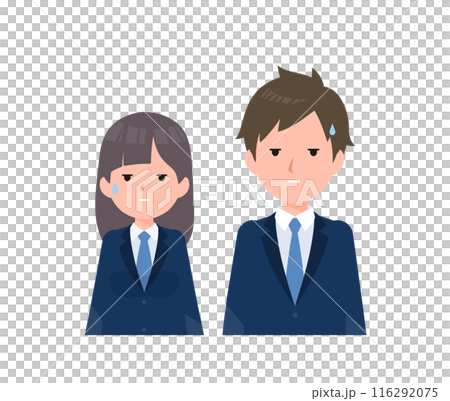 男女學生穿著深藍色西裝外套。難以置信、震驚、困惑。 男女學生穿著深藍色西裝外套。難以置信、震驚、困惑。 116292075