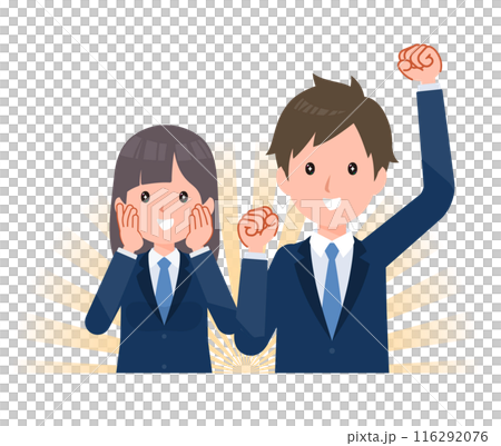 男女學生穿著深藍色西裝外套。感動,感動,欣喜。 男女學生穿著深藍色西裝外套。感動,感動,欣喜。 116292076