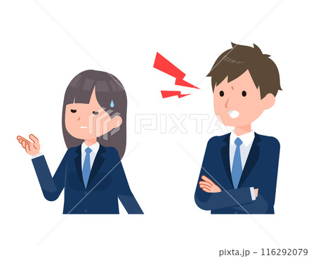 紺色のブレザーを着た学生男女。彼は彼女を激しく問い詰める。 紺色のブレザーを着た学生男女。彼は彼女を激しく問い詰める。 116292079