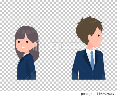 A male and female student wearing navy blue blazers. They seem indifferent to each other. 116292083