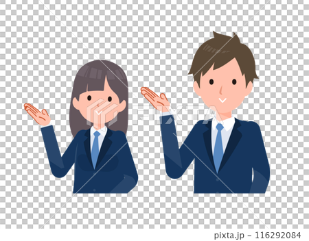 Male and female students wearing navy blue blazers. Posing to guide and introduce. Male and female students wearing navy blue blazers. Posing to guide and introduce. 116292084