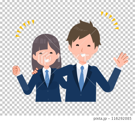 Male and female students wearing navy blue blazers. They are smiling and posing with their arms around each other's shoulders. 116292085