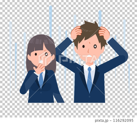 男女學生穿著深藍色西裝外套。因意外的麻煩而震驚。 男女學生穿著深藍色西裝外套。因意外的麻煩而震驚。 116292095