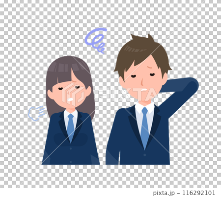 Male and female students wearing navy blue blazers. Troubles, failure, disappointment. 116292101