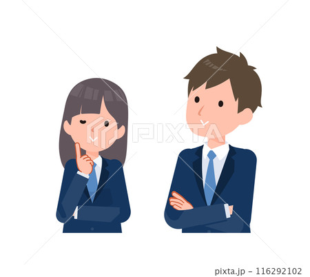 紺色のブレザーを着た学生男女。検討しているシーンで好感触な表情。 116292102
