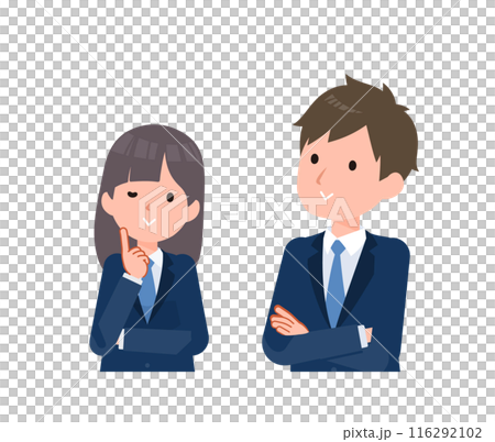 男女學生穿著深藍色西裝外套。讓您對正在考慮的場景感覺良好的表達方式。 116292102