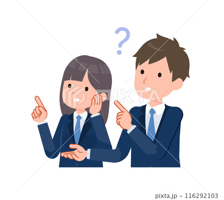 紺色のブレザーを着た学生男女。疑問や不安を訴えているシーン。斜め向き。 116292103