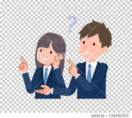 紺色のブレザーを着た学生男女。疑問や不安を訴えているシーン。斜め向き。 116292103