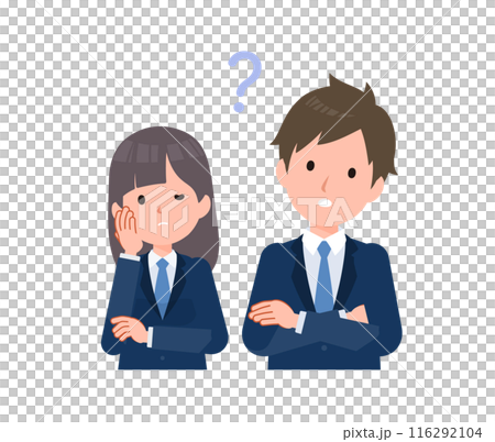 Male and female students wearing navy blue blazers. Worries, doubts, anxieties. Male and female students wearing navy blue blazers. Worries, doubts, anxieties. 116292104