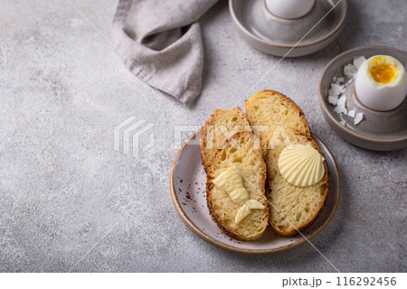 Breakfast with boiled eggs, bread and butter Breakfast with boiled eggs, bread and butter 116292456