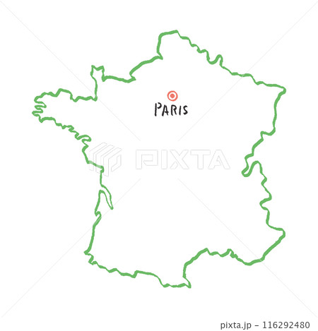 手描きのシンプルでおしゃれなフランスの白地図 - 首都パリの位置をマークした線画マップ 116292480