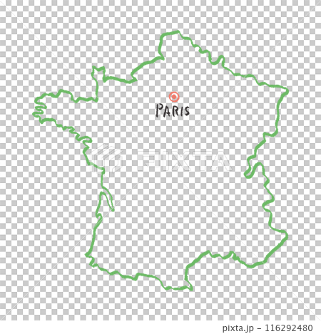 手描きのシンプルでおしゃれなフランスの白地図 - 首都パリの位置をマークした線画マップ 116292480