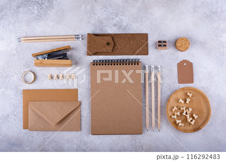 Eco wooden craft stationery. Sustainable life concept Eco wooden craft stationery. Sustainable life concept 116292483