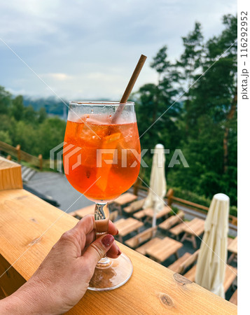 Aperol glass syringe with berries on a background of greenary landscape. 116292952