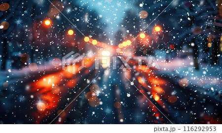 Blurred background of a city street with night lights and falling snow in winter. 116292953
