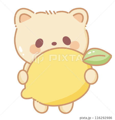 Hand drawn illustration kawaii yellow beige teddy bear holding a big lemon Hand drawn illustration kawaii yellow beige teddy bear holding a big lemon 116292986