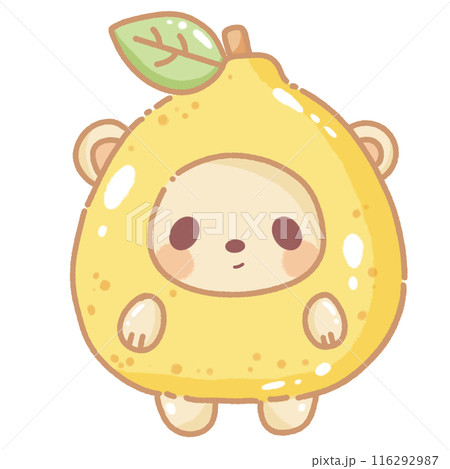 Hand drawn illustration kawaii yellow beige teddy bear dressed up as a lemon Hand drawn illustration kawaii yellow beige teddy bear dressed up as a lemon 116292987
