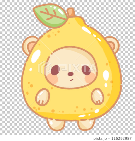 Hand drawn illustration kawaii yellow beige teddy bear dressed up as a lemon 116292987