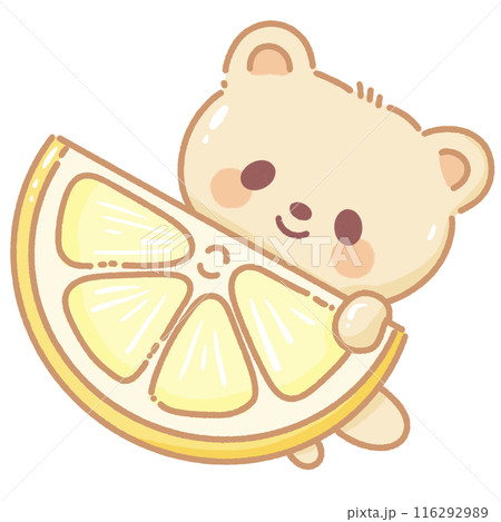 Hand drawn illustration kawaii yellow beige teddy bear holding a sliced lemon Hand drawn illustration kawaii yellow beige teddy bear holding a sliced lemon 116292989