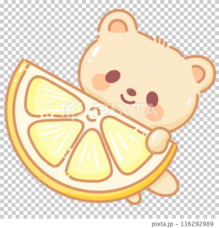 Hand drawn illustration kawaii yellow beige teddy bear holding a sliced lemon Hand drawn illustration kawaii yellow beige teddy bear holding a sliced lemon 116292989