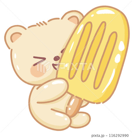 Hand drawn illustration kawaii yellow beige teddy bear holding a giant lemon popsicle 116292990