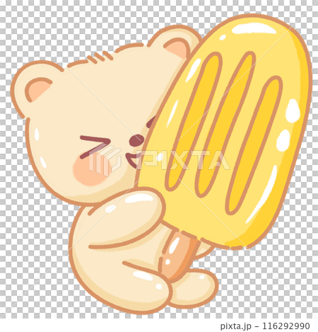 Hand drawn illustration kawaii yellow beige teddy bear holding a giant lemon popsicle 116292990