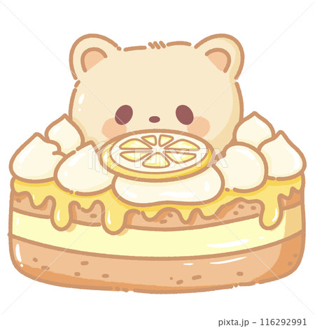 Hand drawn illustration kawaii yellow beige teddy bear poking its head out of a giant lemon cake Hand drawn illustration kawaii yellow beige teddy bear poking its head out of a giant lemon cake 116292991