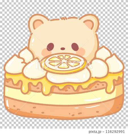 Hand drawn illustration kawaii yellow beige teddy bear poking its head out of a giant lemon cake Hand drawn illustration kawaii yellow beige teddy bear poking its head out of a giant lemon cake 116292991